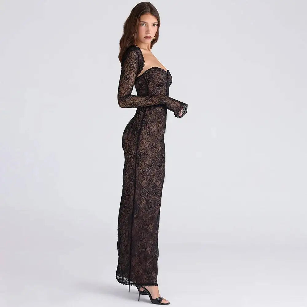 Townlike Lace Slim Bodycon Maxi Long Dress Women 2025 Summer Autumn Winter Dress Nightclub Sexy Party Dresses With Shawl Lining
