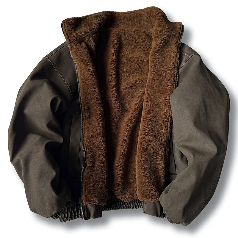 Winter Heavyweight Mens Jacket Japanese Vintage PU Coated Windproof Thick Fleece Lined Warm Distressed Streetwear Long Coat Male