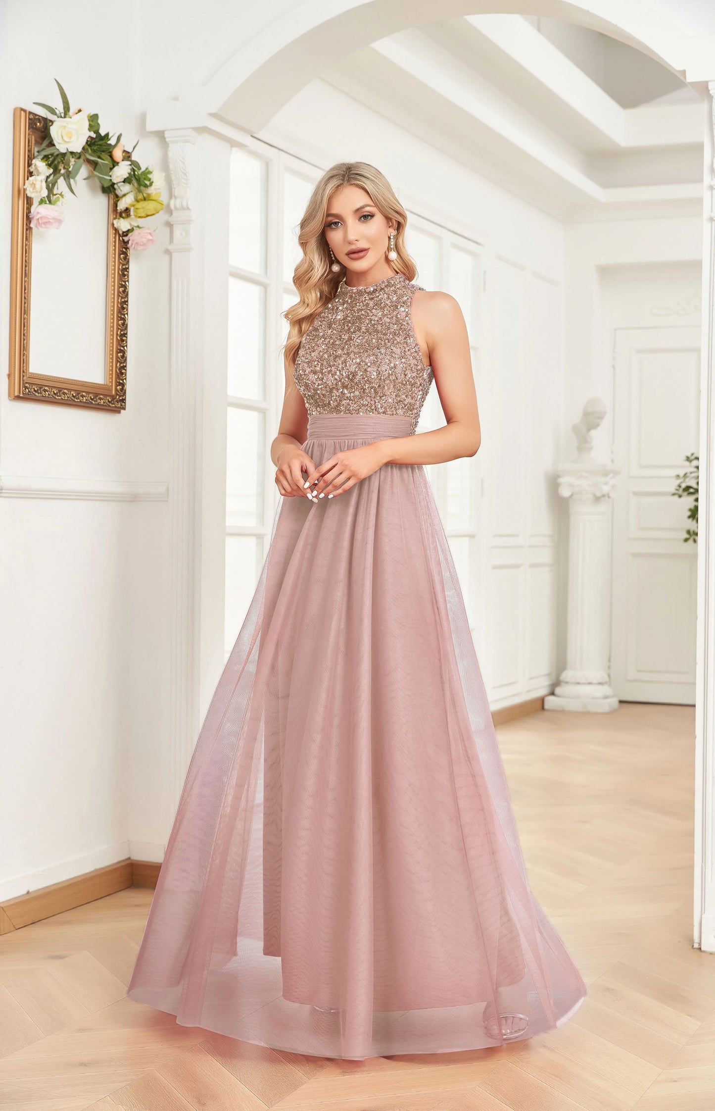 Elegant V-Neck Green Sequins Evening Dresses Long Luxury Women Tulle Sleeveless Wedding Party Cocktail Gowns