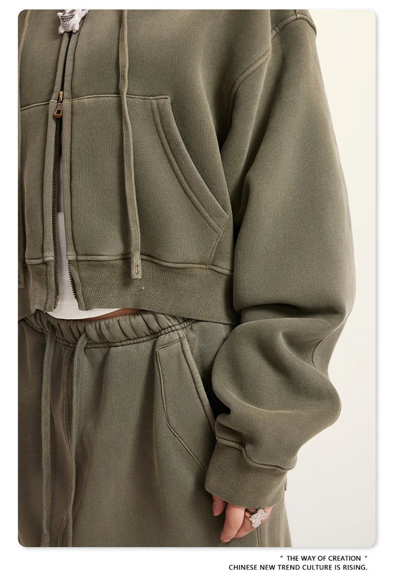 ZODF Retro 2025 Winter Women Short Zipper Hoodies Female Girls Loose 355gsm Thick Fleece Hooded Zip-up Coat Streetwears HY0448