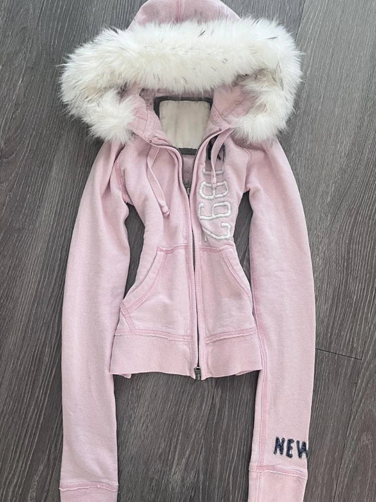 American Vintage Pink Furry Hoodie Women Y2K Harajuku Faux Fur Collar Jacket Fashion Slim Waist Belted Hot Girl Sweatshirt New