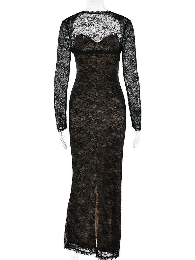 Elegant Off Shoulder Backless Long Wrap Dress with Long Sleeve Shawl Women High Waist Tunics Bodycon Lace Evening Party Dresses