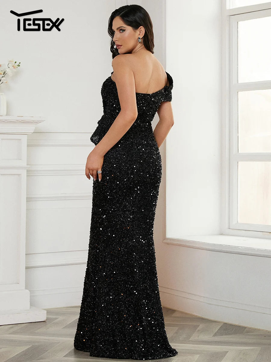 Yesexy New Orange Women One Shoulder Elegant Sequin Ruffle Maxi Cocktail Party Prom Ladies Long Gown Mermaid Evening Dresses