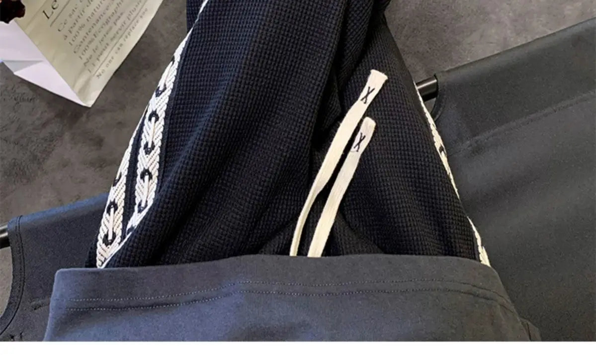 American High Street Waffle Autumn Casual Pants Men Solid Patchwork Print Trendy Fashion Pockets Loose Straight Wide Leg Trouser