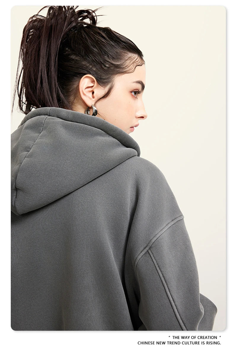 ZODF Retro 2025 Winter Women Short Zipper Hoodies Female Girls Loose 355gsm Thick Fleece Hooded Zip-up Coat Streetwears HY0448