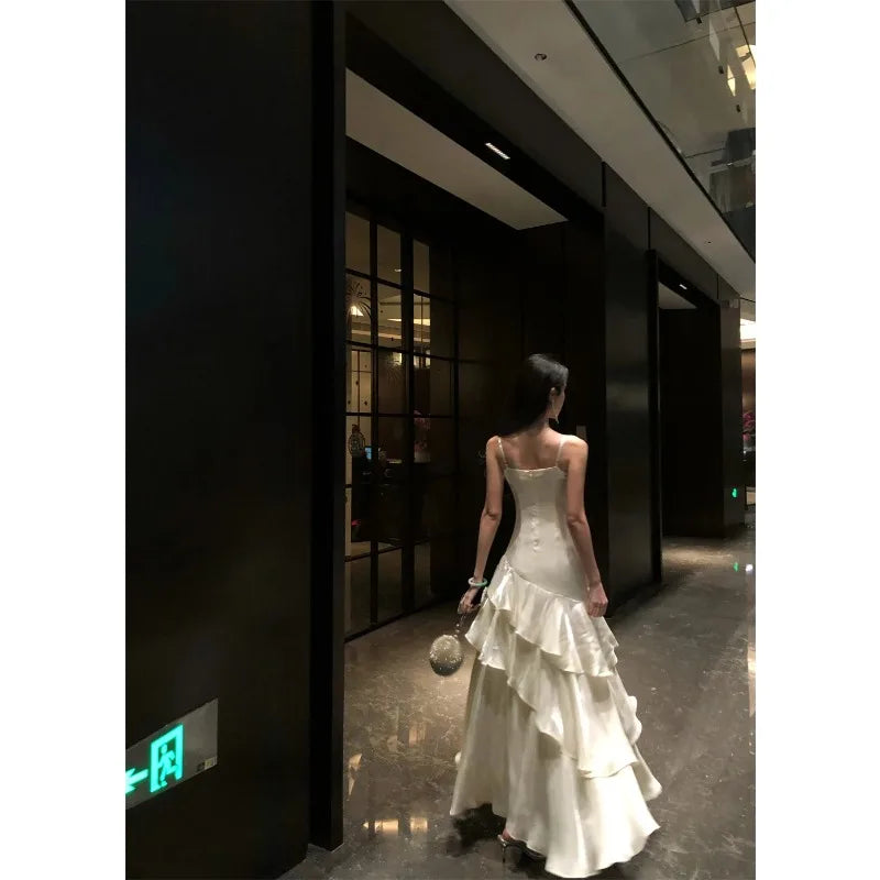 French Elegant Luxury Ruffles Sling Mermaid Dress Prom Gown  Zipper Tierred Shoulder Dresses 2025 Summer Chic New Vestidos