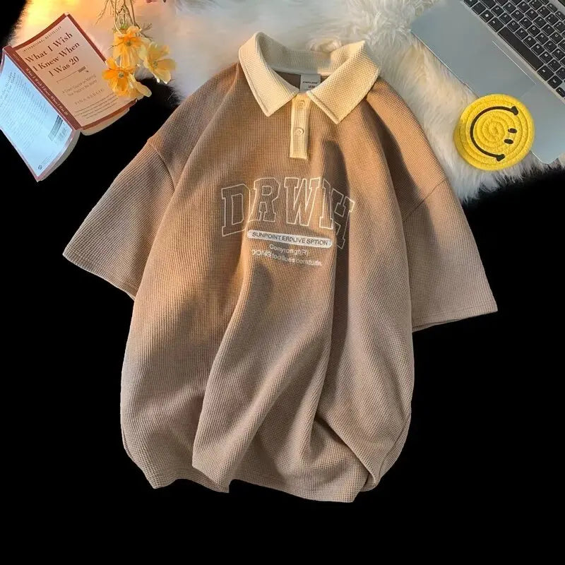 American Retro Lapel Polo Shirt Short Sleeved Men's Harajuku Casual Fashion Versatile Oversized Loose Versatile T-shirt