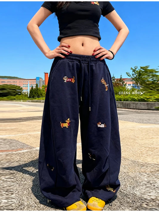 American Trendy Hip Hop Sausage Dog Embroidery Casual Pants Women's Loose Straight Leg Sweatpants 2025 Autumn Winter Pants