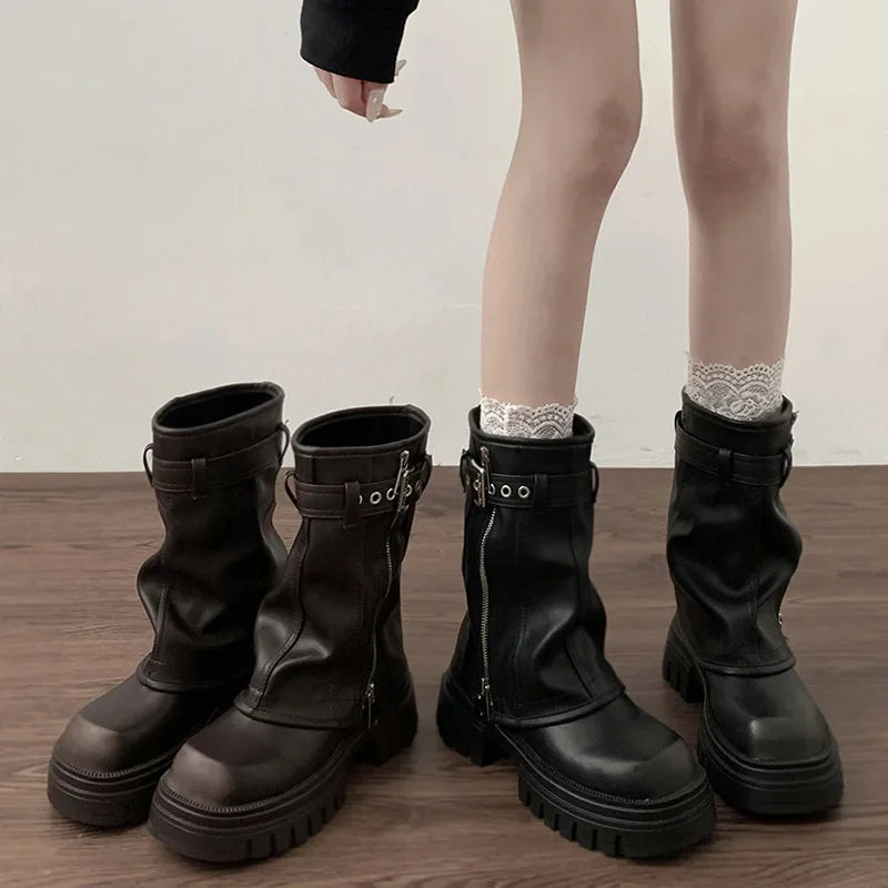 Winter Women Biker Boots Fashion Belt Buckle Ladies Elegant Platform Flats Short Booties Casual Women's Knight Booties