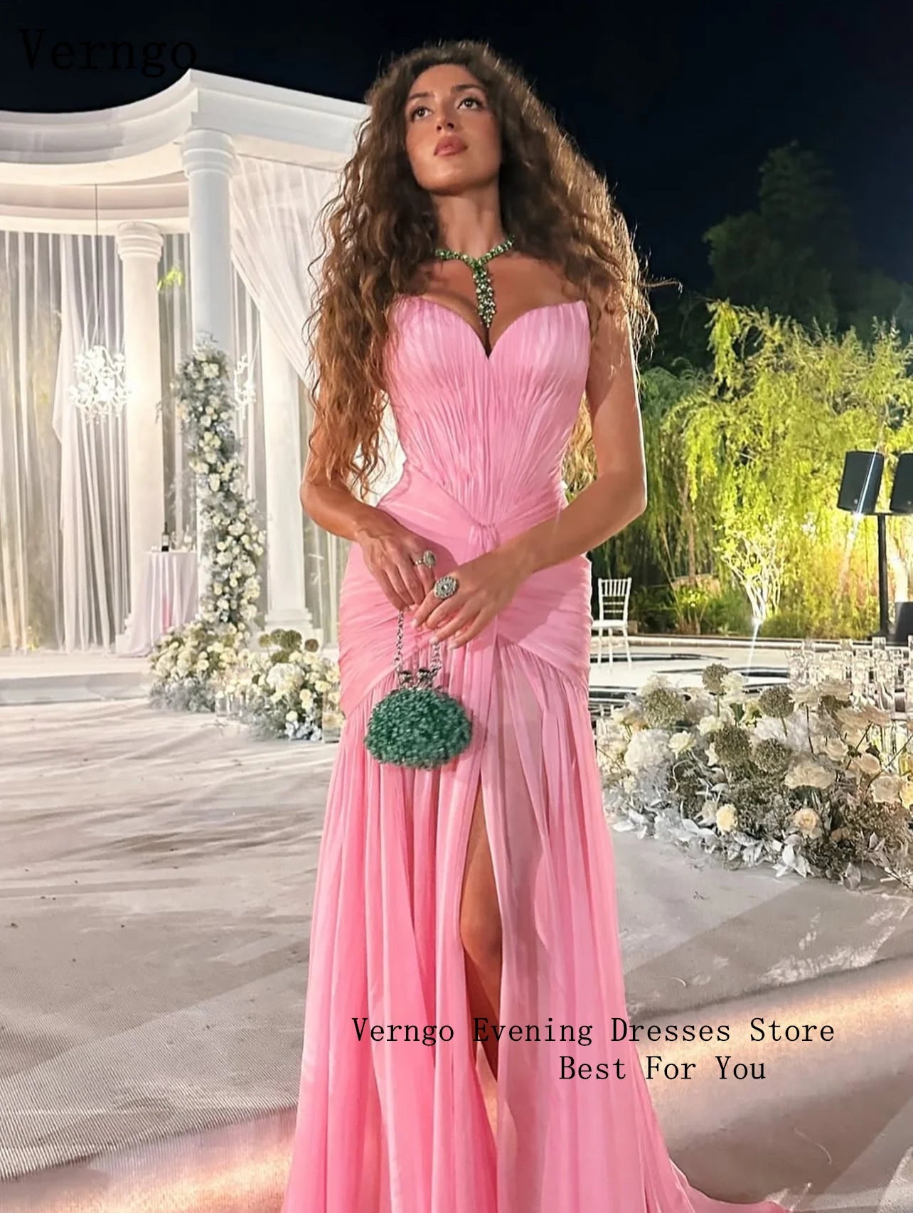 Verngo Pink Evening Dress Elegant Sweetheart A Line Maxi Prom Dress Flowing Hand-pleated Silk Prom Party Dress Customized
