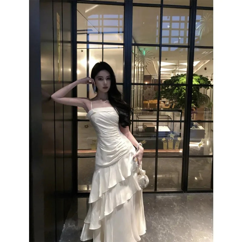 French Elegant Luxury Ruffles Sling Mermaid Dress Prom Gown  Zipper Tierred Shoulder Dresses 2025 Summer Chic New Vestidos