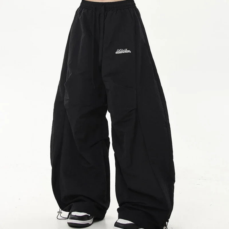 American retro hip-hop street work pants with a high-end feel, pleated umbrella, military workwear, high waisted drawstring pant