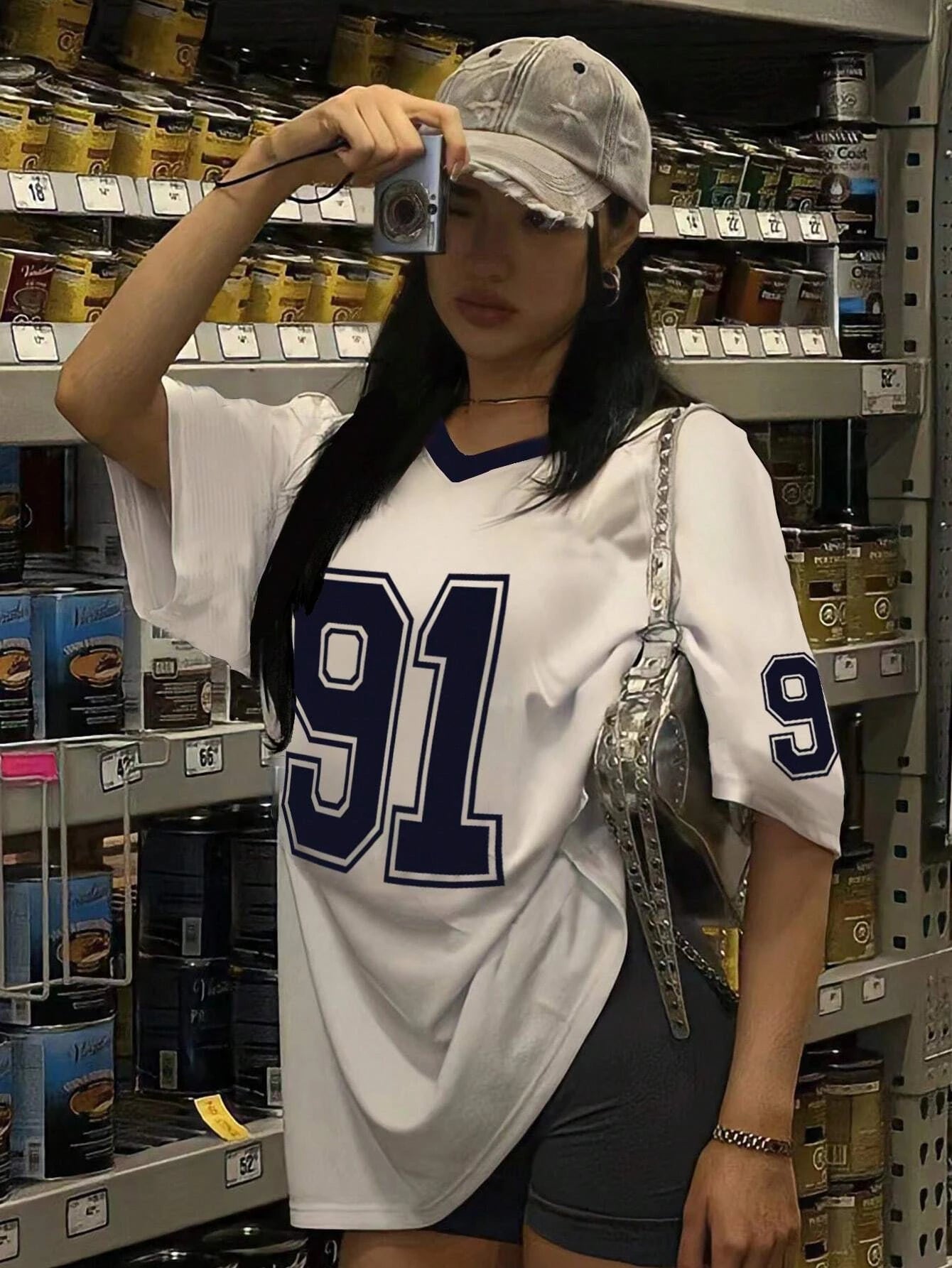 2025 Summer New Retro 91 PrintT-Shirt For Women V-Neck Short Sleeve Sports Football Jersey Y2K Loose Streetwear Tops Women Beach