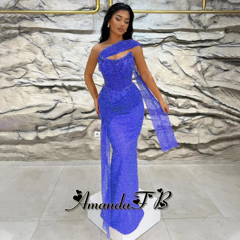 Amanda Sparkly Sequins and Beads Evening Dress Pleat Scoop Neck Trumpet Sleeveless Diamond Pageant Vestidos De Gala Customized