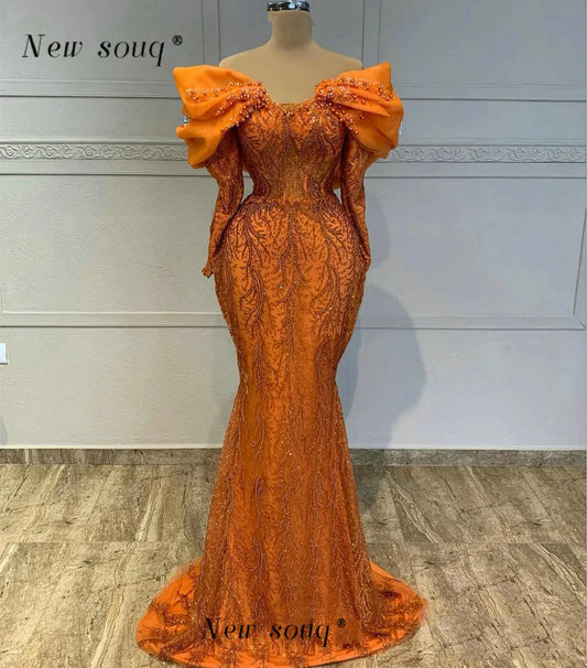 Orange Off the Shoulder Long Sleeves Mermaid Evening Dresses Sparkle Beaded Sequined Elegant Formal Gowns for Wedding Party