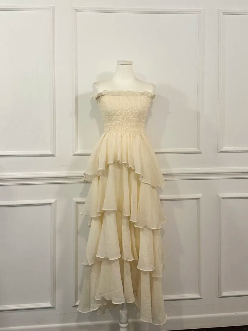 French Style Female Luxurious Strapless Cake Dress Summer Strapless Women Party Dresses Vintage Tiered Wedding Guest Dress 2025