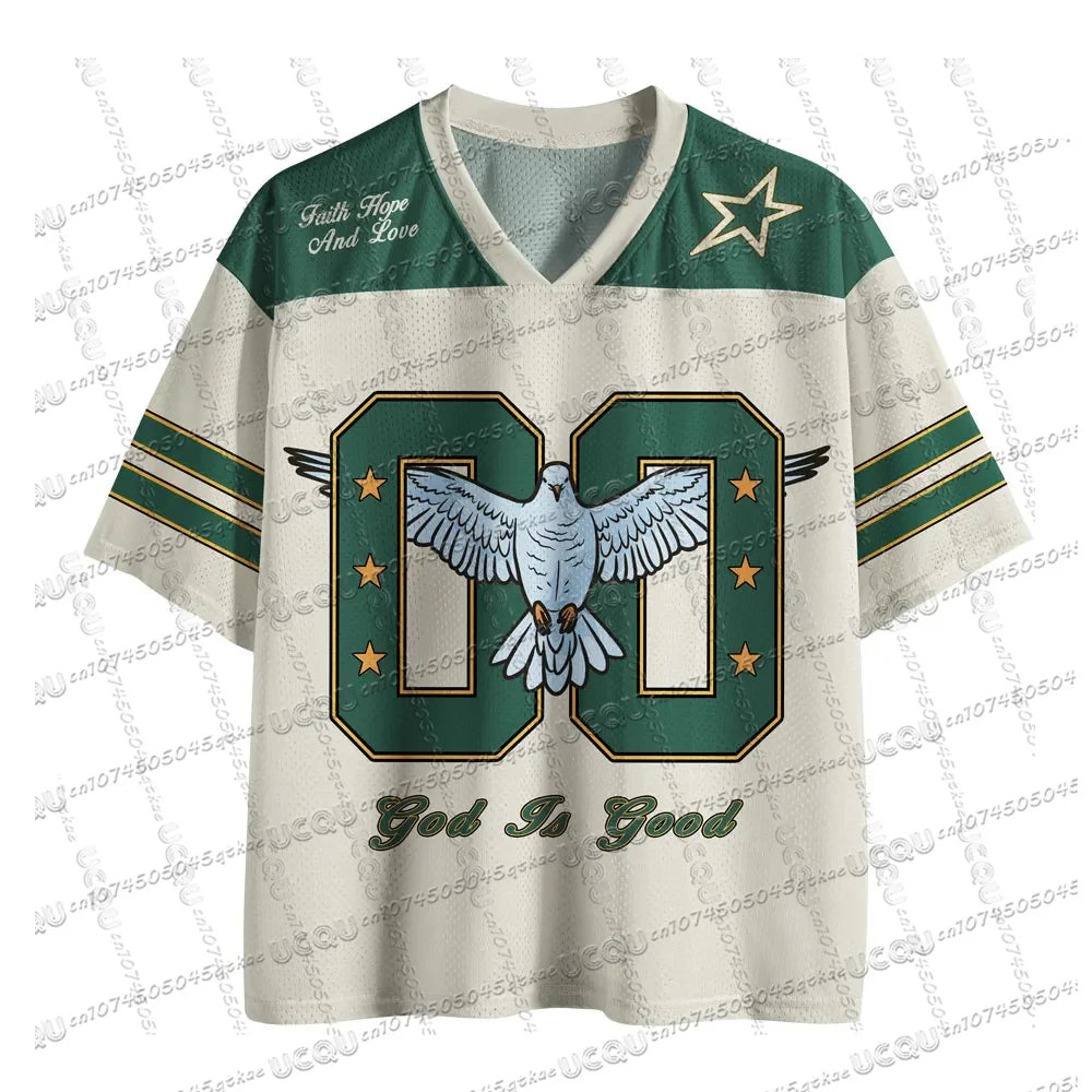 2025 New American God Is Good Christian Mesh Jersey Tshirt V-neck Loose Fashion Hip Hop StreetWear Summer Women's Y2K Casual Top