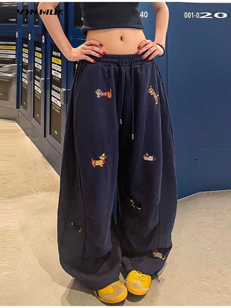 American Trendy Hip Hop Sausage Dog Embroidery Casual Pants Women's Loose Straight Leg Sweatpants 2025 Autumn Winter Pants