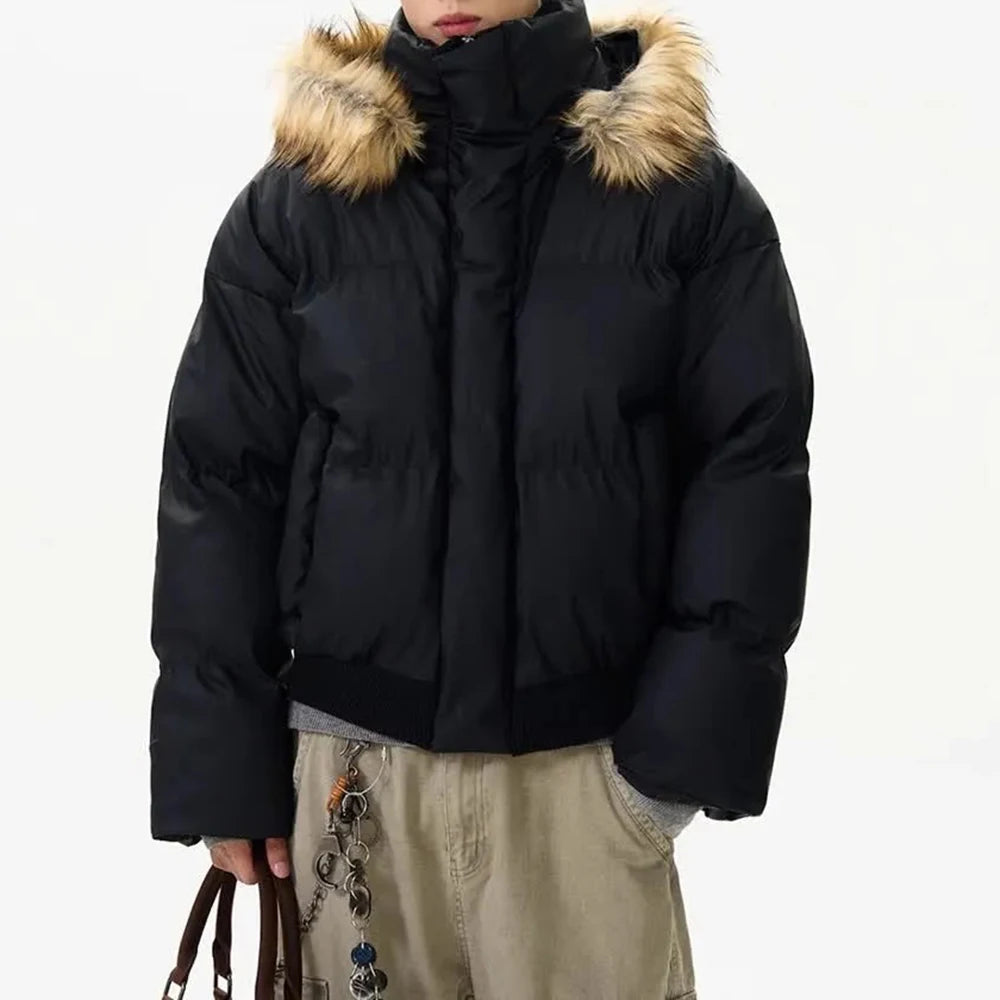 American Street Fashion Detachable Fur Collar Hooded Pu Leather Cotton Jacket Men Winter High-End Versatile Y2k Jacket For Men