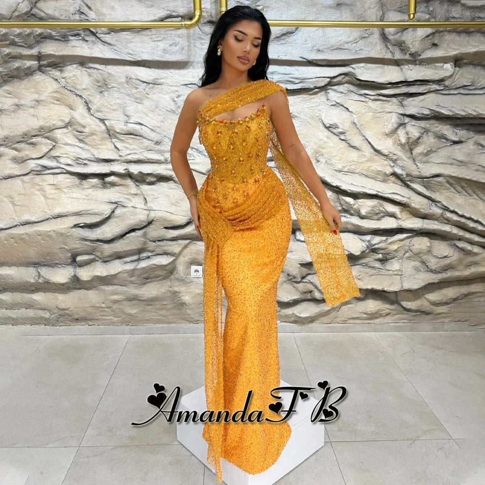 Amanda Sparkly Sequins and Beads Evening Dress Pleat Scoop Neck Trumpet Sleeveless Diamond Pageant Vestidos De Gala Customized