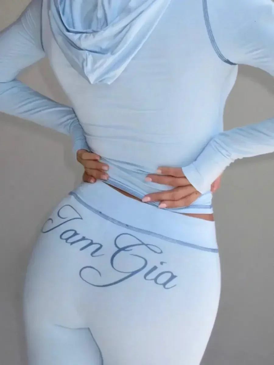 Gia 2025 Shoulder Slimming Letter Printed Bright Thread Design Slimming Hooded Zipper Short Coat Pants Set for Women