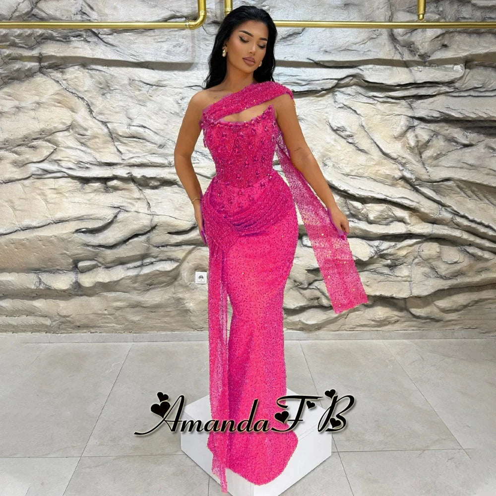 Amanda Sparkly Sequins and Beads Evening Dress Pleat Scoop Neck Trumpet Sleeveless Diamond Pageant Vestidos De Gala Customized