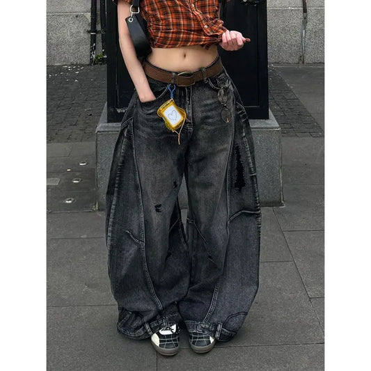Black Jeans Women Vintage High Waisted Cargo Jeans Straight 2025 Summer Casual Loose Big Size Wide Leg Denim Baggy Pants Y2K