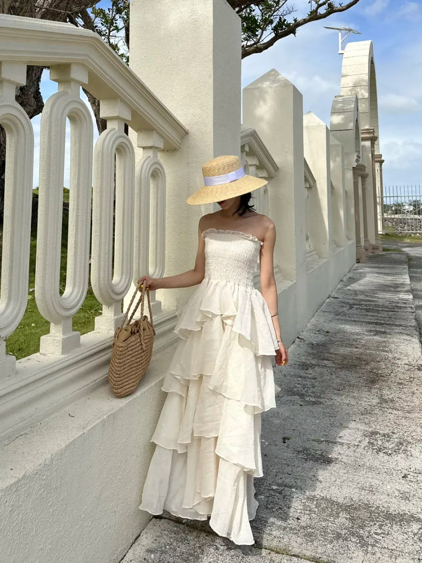 French Style Female Luxurious Strapless Cake Dress Summer Strapless Women Party Dresses Vintage Tiered Wedding Guest Dress 2025