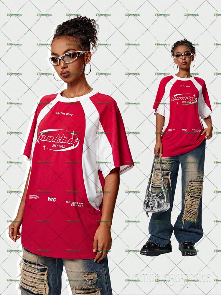 Women's Summer Autumn Streetwear Oversized Racing Motorcycle Print Color Block Raglan Sleeve T-Shirt Casual Loose Tops Y2k Tees
