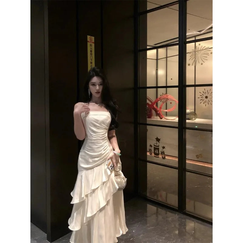 French Elegant Luxury Ruffles Sling Mermaid Dress Prom Gown  Zipper Tierred Shoulder Dresses 2025 Summer Chic New Vestidos