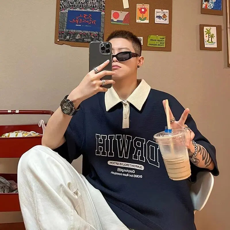 American Retro Lapel Polo Shirt Short Sleeved Men's Harajuku Casual Fashion Versatile Oversized Loose Versatile T-shirt