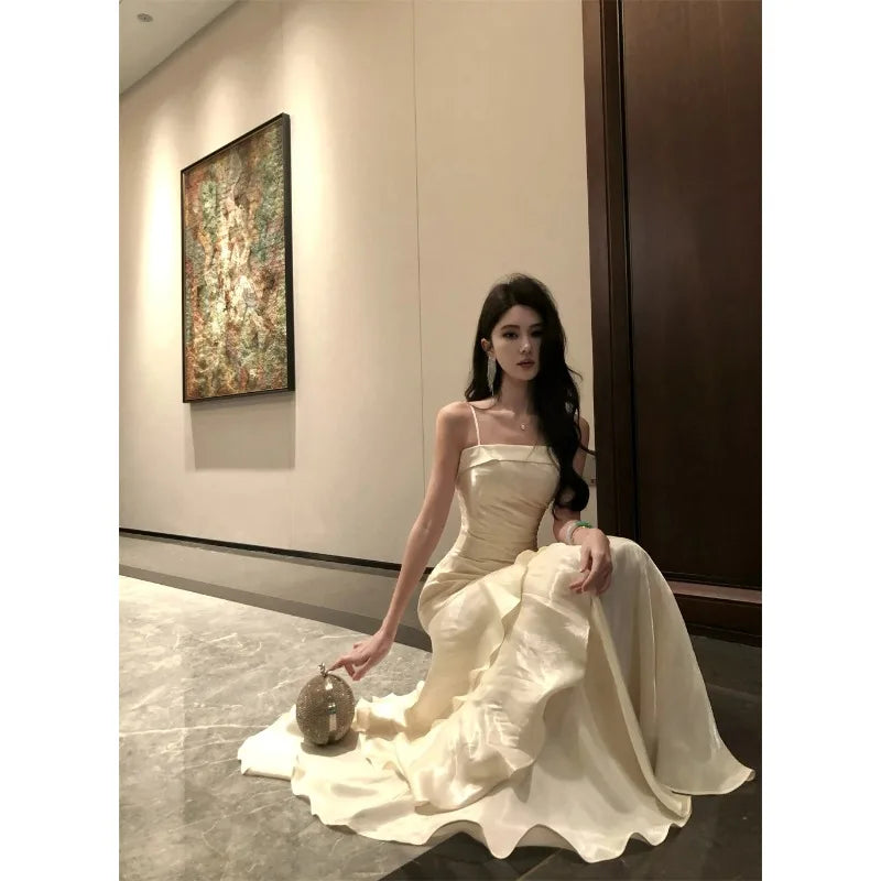 French Elegant Luxury Ruffles Sling Mermaid Dress Prom Gown  Zipper Tierred Shoulder Dresses 2025 Summer Chic New Vestidos