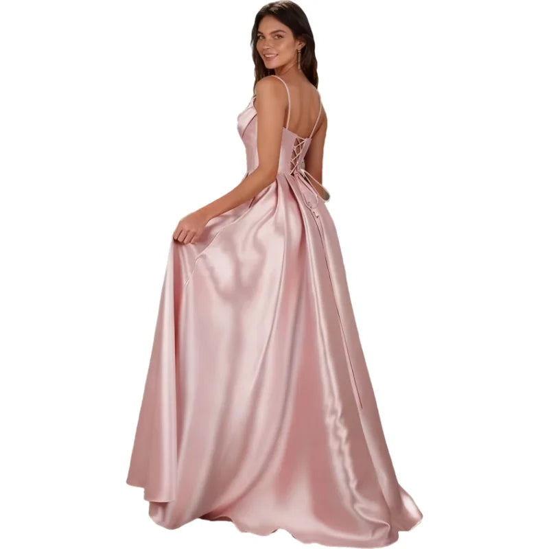 Customized Women's Spaghetti Straps Satin Prom Dresses with Slit Long A Line Formal Dress Evening Party Gowns with Pockets