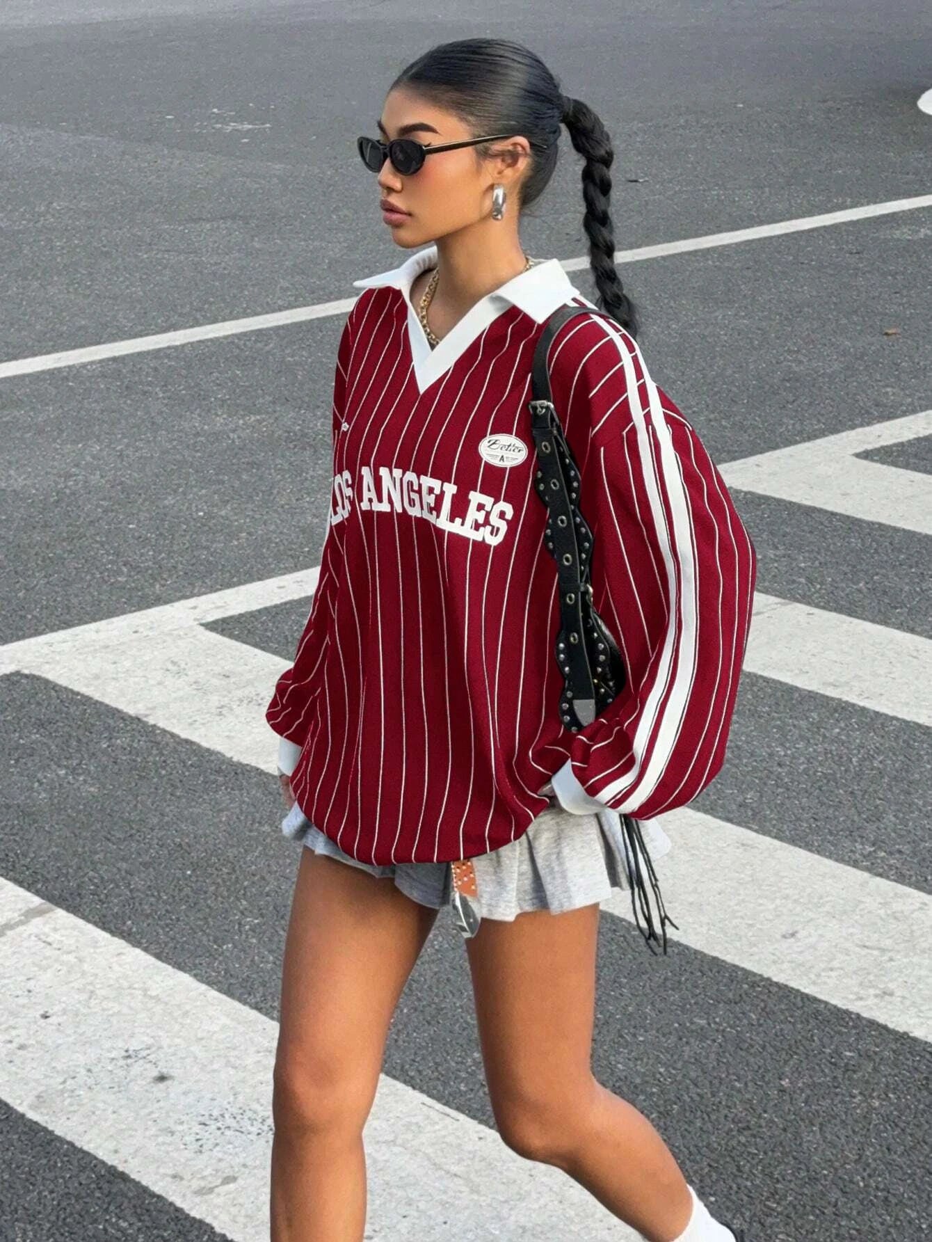 Women's Casual Striped Letter & Number Print Athletic Polo Collar Long Sleeve T-Shirt Drape Oversize Tops Streetweat Spring/Fall