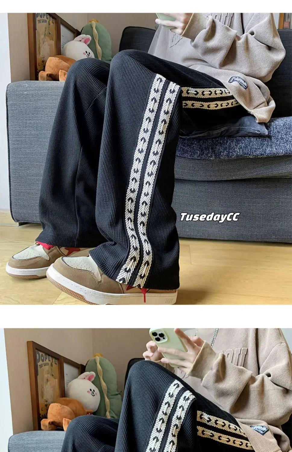 American High Street Waffle Autumn Casual Pants Men Solid Patchwork Print Trendy Fashion Pockets Loose Straight Wide Leg Trouser