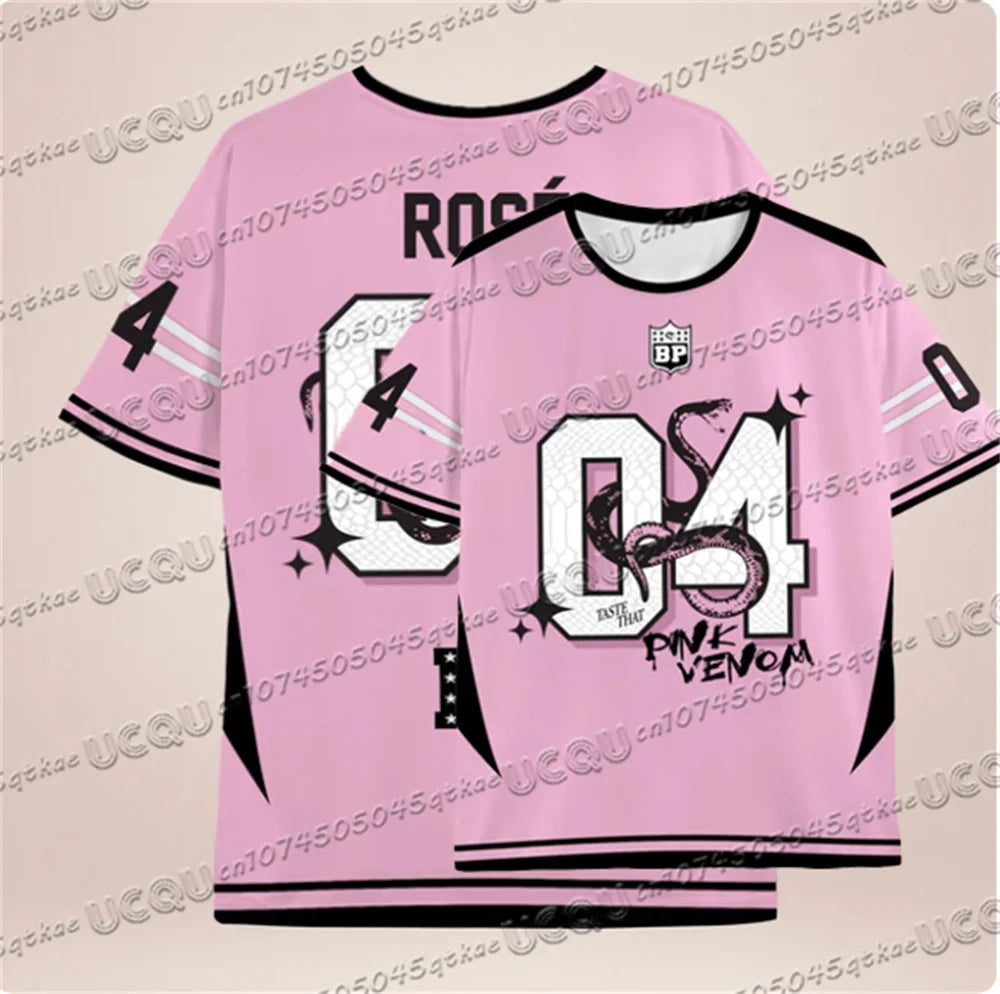 Pink Black Contrasting Snake Print Pattern Jersey T-Shirt For Summer Women'S Korean Girl Group Tee O-Neck Loose Casual Top