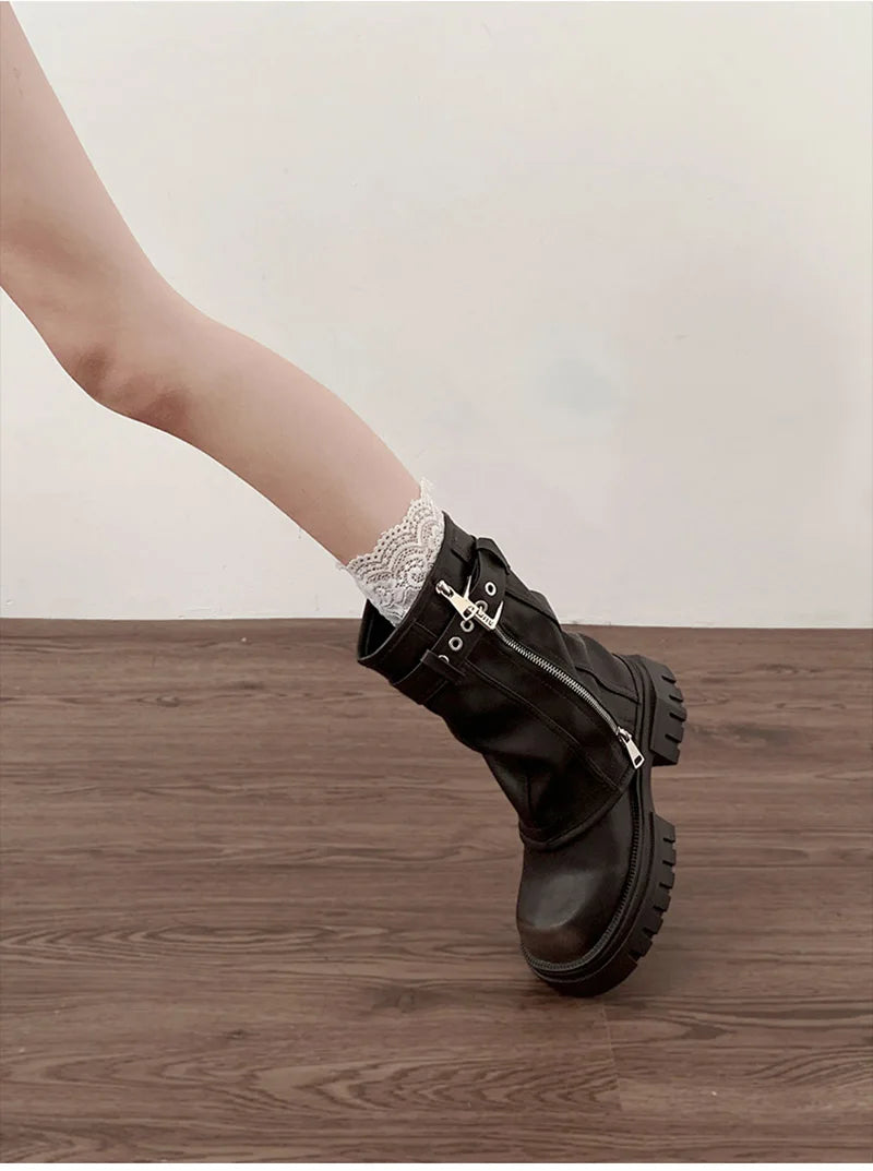 Winter Women Biker Boots Fashion Belt Buckle Ladies Elegant Platform Flats Short Booties Casual Women's Knight Booties