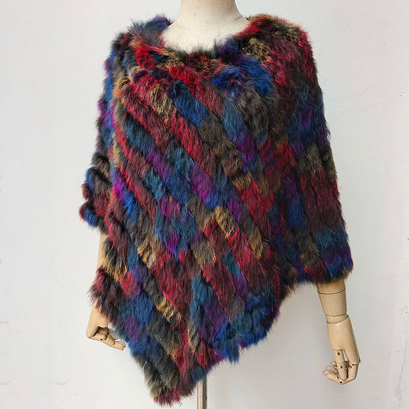HSPL 2023 Spring Hot Sale Knitted Natural Fur Shawl  Fashion Rabbit Fur Cape Shawl Genuine Rabbit Fur Women Black Fur Poncho