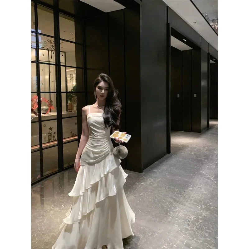 French Elegant Luxury Ruffles Sling Mermaid Dress Prom Gown  Zipper Tierred Shoulder Dresses 2025 Summer Chic New Vestidos