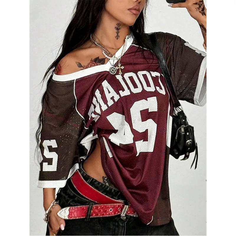 2025 Summer New Retro3D Printed Women's T-shirt V-neck Short sleeved Sports Football Suit Y2K Loose Oversized Quick Drying Top