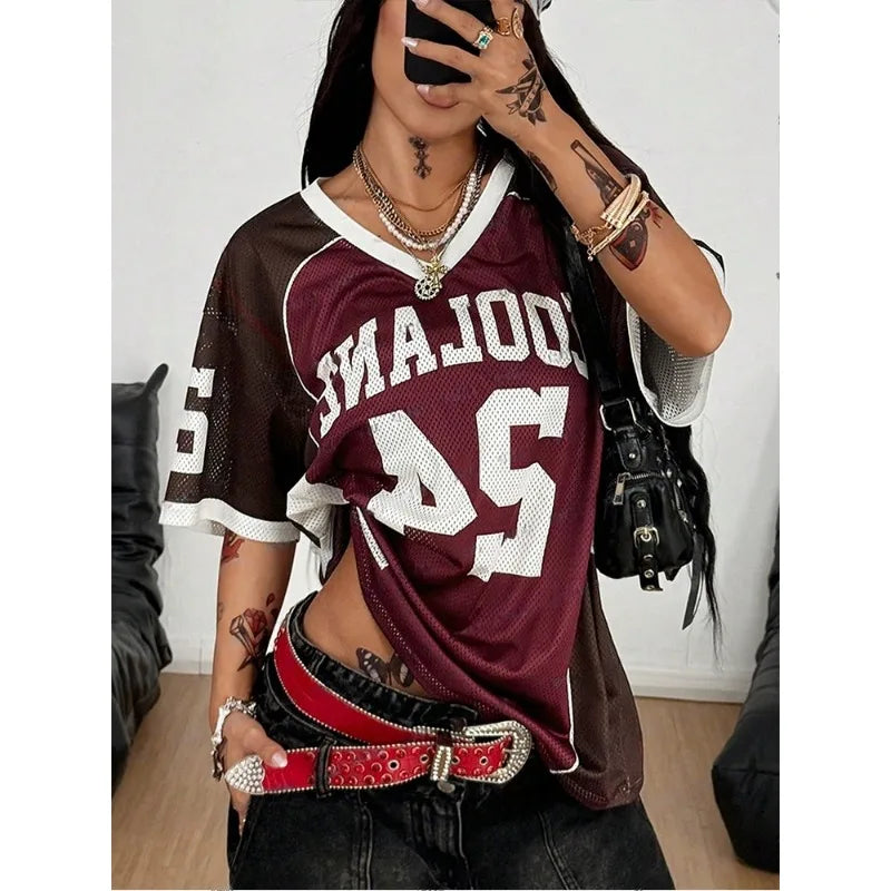 2025 Summer New Retro3D Printed Women's T-shirt V-neck Short sleeved Sports Football Suit Y2K Loose Oversized Quick Drying Top
