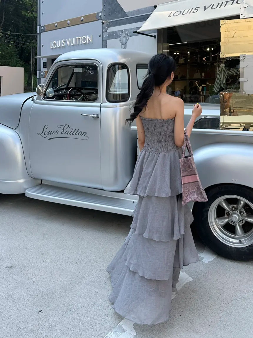 French Style Female Luxurious Strapless Cake Dress Summer Strapless Women Party Dresses Vintage Tiered Wedding Guest Dress 2025