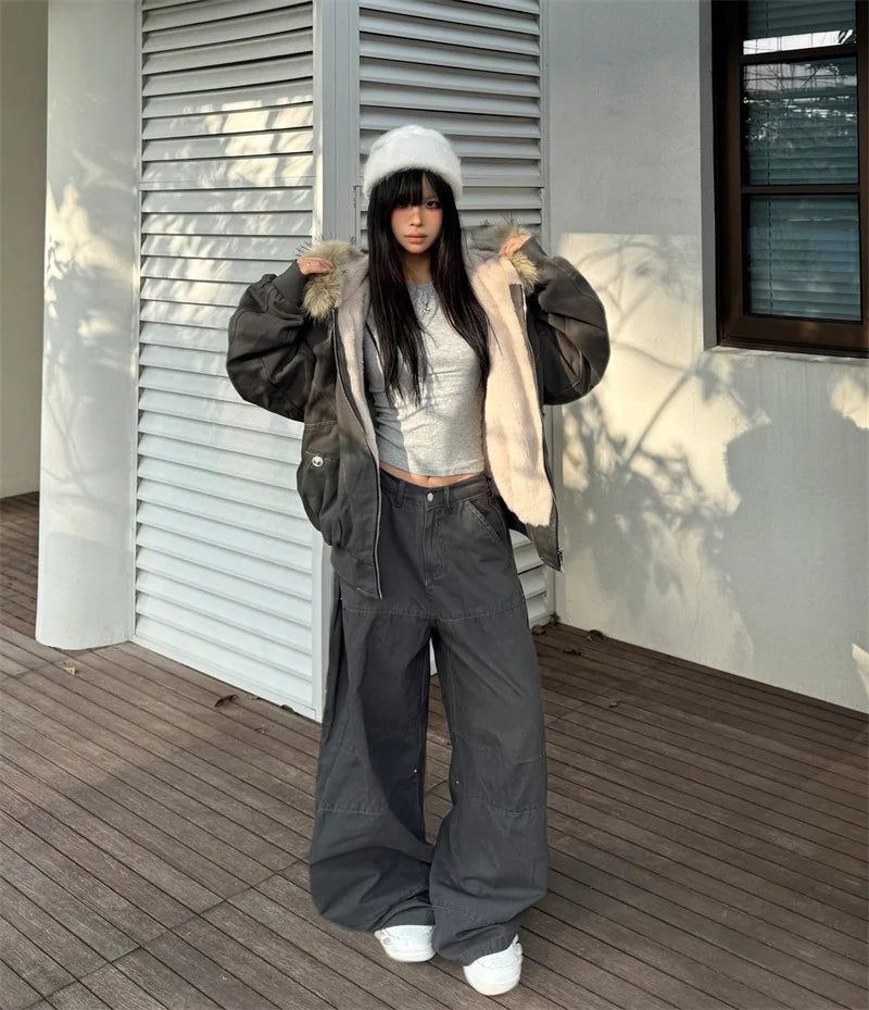 ZAROY Fur Collar Hooded Parkas Y2k Harajuku Thicken Padded Jackets Casual Zipper Gothic Women&Men Winter Coats Streetwear кур