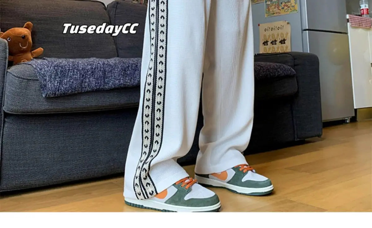 American High Street Waffle Autumn Casual Pants Men Solid Patchwork Print Trendy Fashion Pockets Loose Straight Wide Leg Trouser