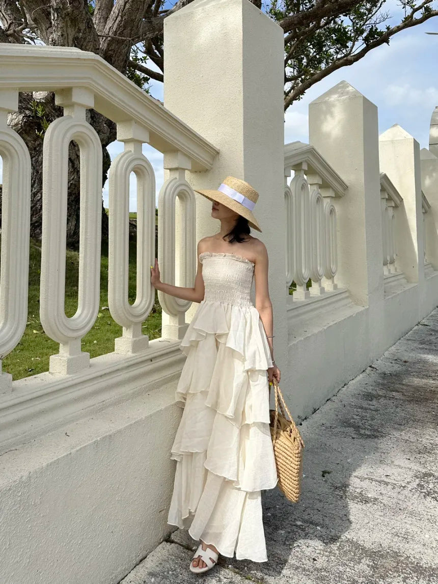 French Style Female Luxurious Strapless Cake Dress Summer Strapless Women Party Dresses Vintage Tiered Wedding Guest Dress 2025