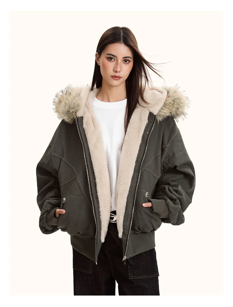 ZAROY Fur Collar Hooded Parkas Y2k Harajuku Thicken Padded Jackets Casual Zipper Gothic Women&Men Winter Coats Streetwear кур