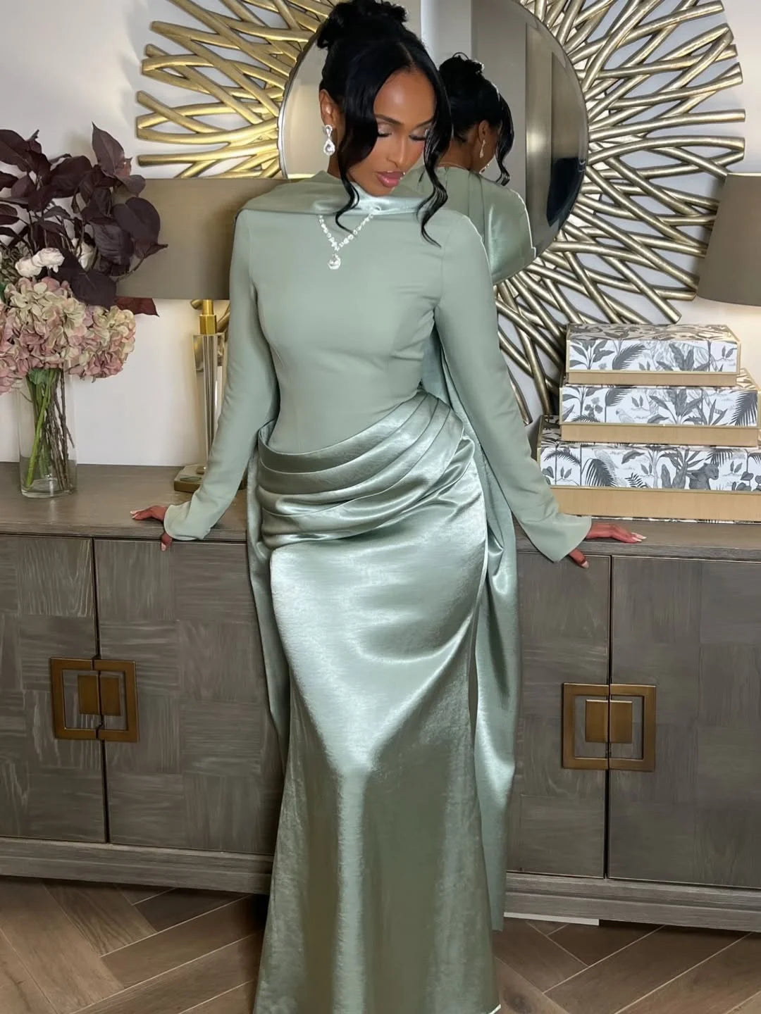 Green Long Sleeves Prom Dresses Pleated Evening Dresses Mermaid vestidos de gala Floor Length Formal Party Dress Customized