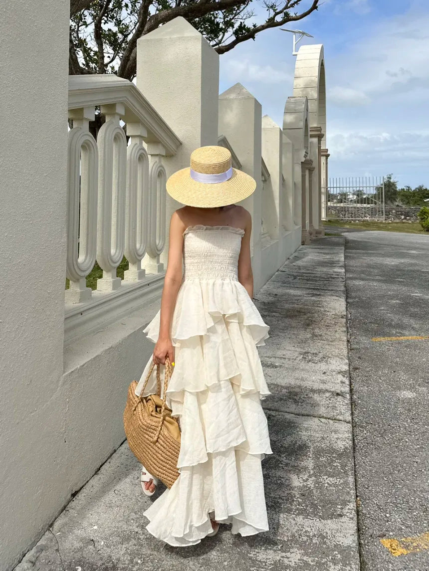 French Style Female Luxurious Strapless Cake Dress Summer Strapless Women Party Dresses Vintage Tiered Wedding Guest Dress 2025