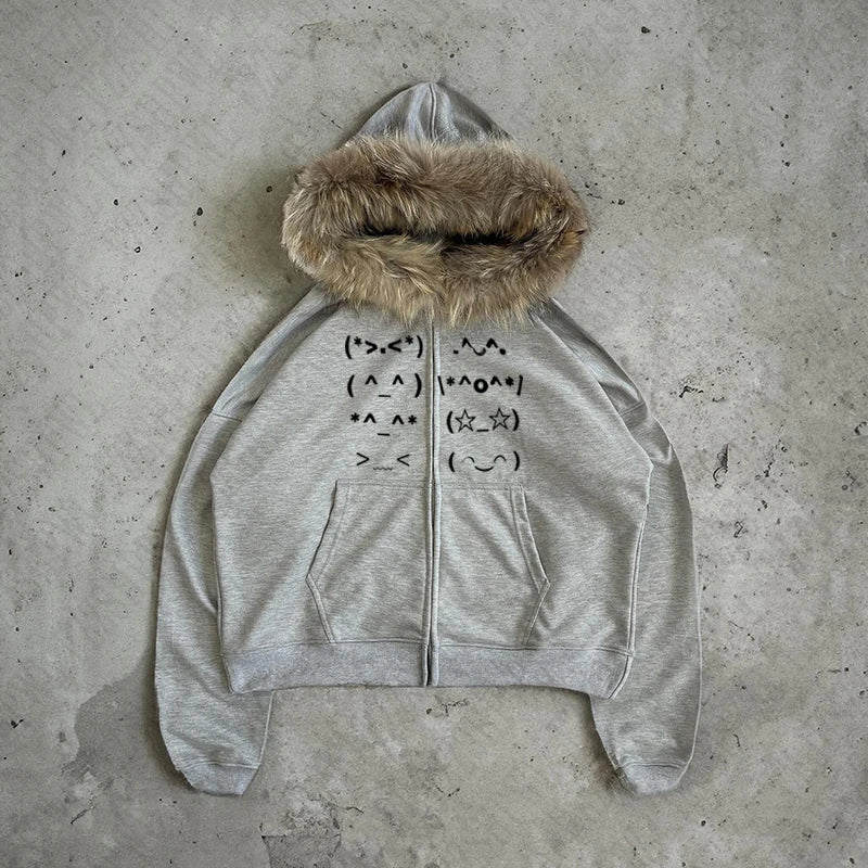 Casual Faur collar Harajuku Streetwear Hiphop Zipper Hoodie sweatshirt Vintage Rock Goth Loose Punk EMO Y2K Zip up hoodie Jacket