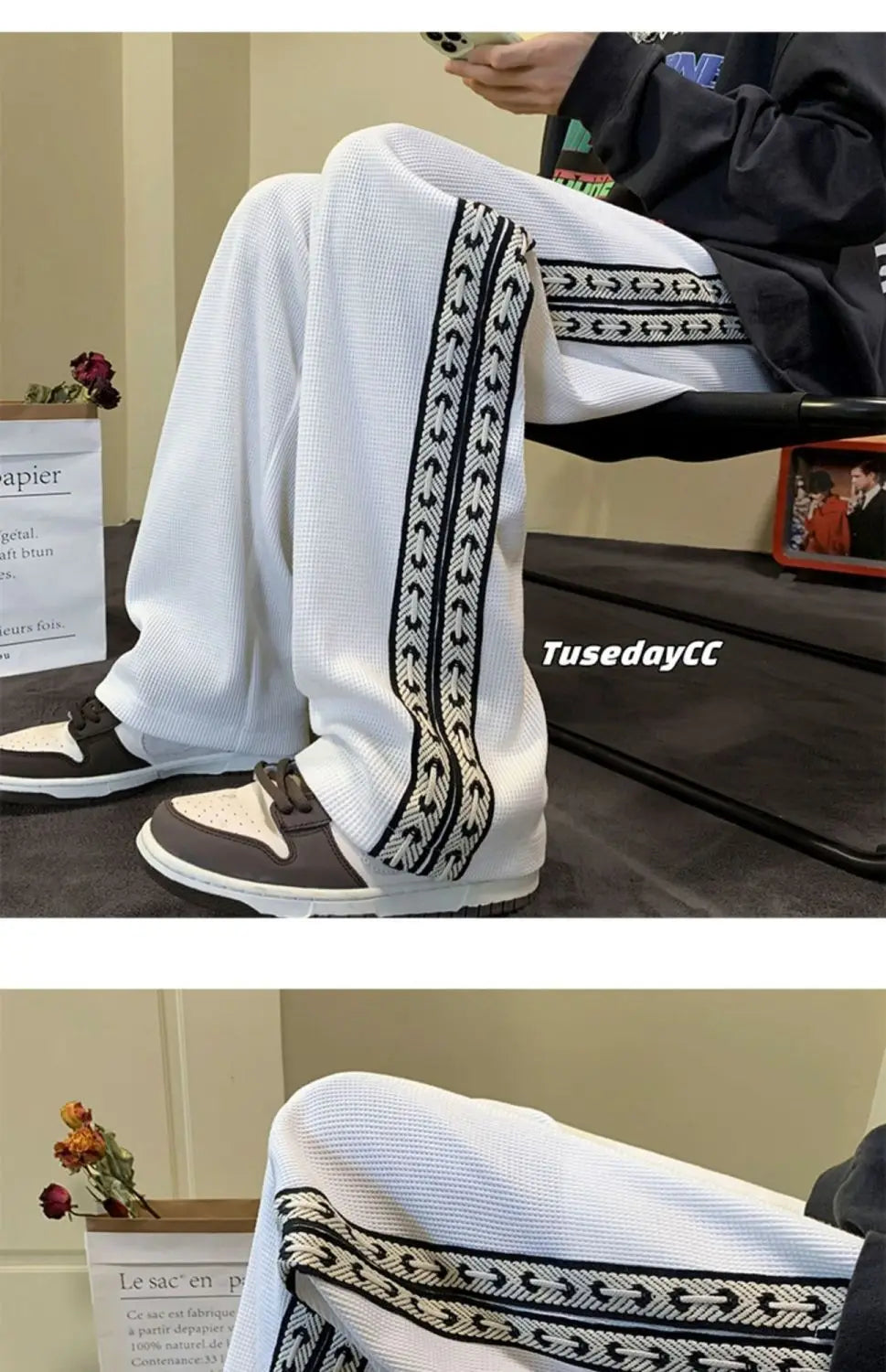 American High Street Waffle Autumn Casual Pants Men Solid Patchwork Print Trendy Fashion Pockets Loose Straight Wide Leg Trouser